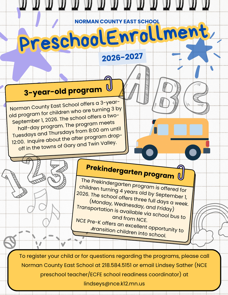 Pre-school Enrollment 3 year old and pre-k program contact lindseys@nce.k12.mn.us for more information 2026-2027