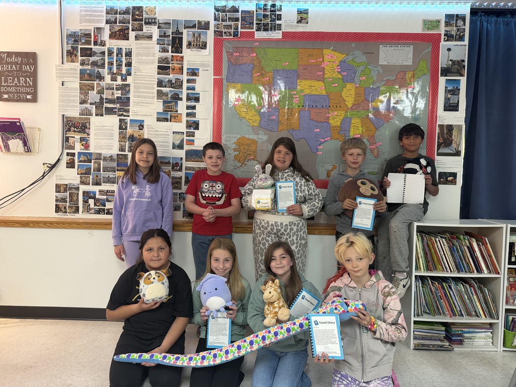 The fourth graders’ travel buddies made it back home to us! They visited 22 different states and 11 countries. One even went to the Winter Olympics in Milan! We have a couple still out traveling and hope they make it back soon! Allison Worms (Grefsrud) 4th grade teacher Norman County East