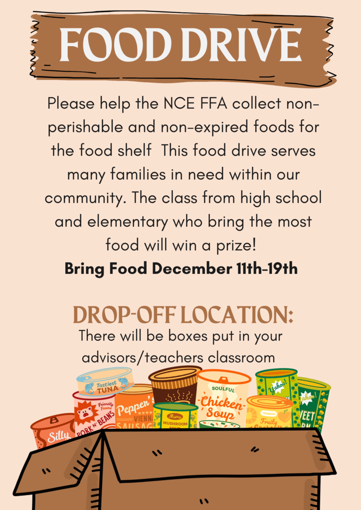 FFA Food Drive 11th thru the 19th of Dec. 