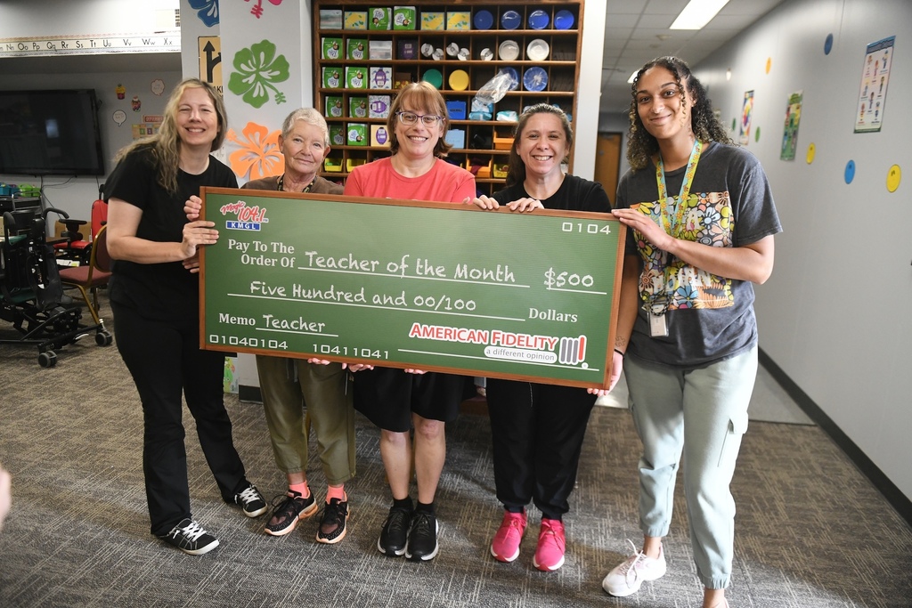 Various images of Ms. Lisa Bischoff being named Magic 104.1’s Teacher of the Month