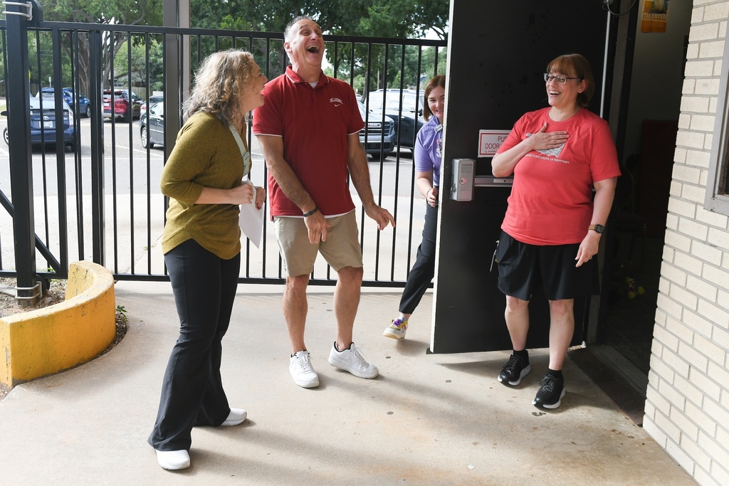 Various images of Ms. Lisa Bischoff being named Magic 104.1’s Teacher of the Month