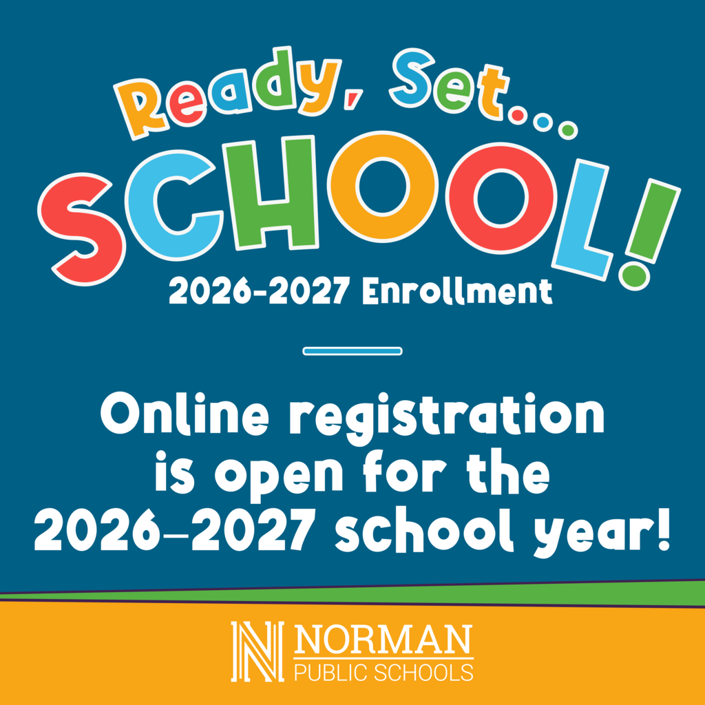 Blue and yellow poster with "Ready, Set... SCHOOL!" in colorful letters. Text reads "2026-2027 Enrollment." Below, "Online registration is open for the 2026-2027 school year!"