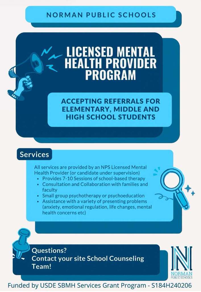 Blue and white graphic showing a megaphone, magnifying glass, and pin. Text includes "Licensed Mental Health Provider Program" and "Services" with bullet points.