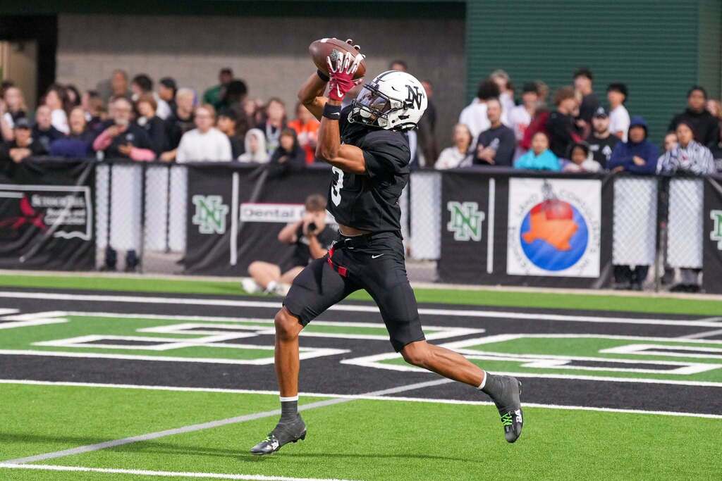 Football player in black uniform catches a pass while jumping. Spectators in stands. White and black field lines.