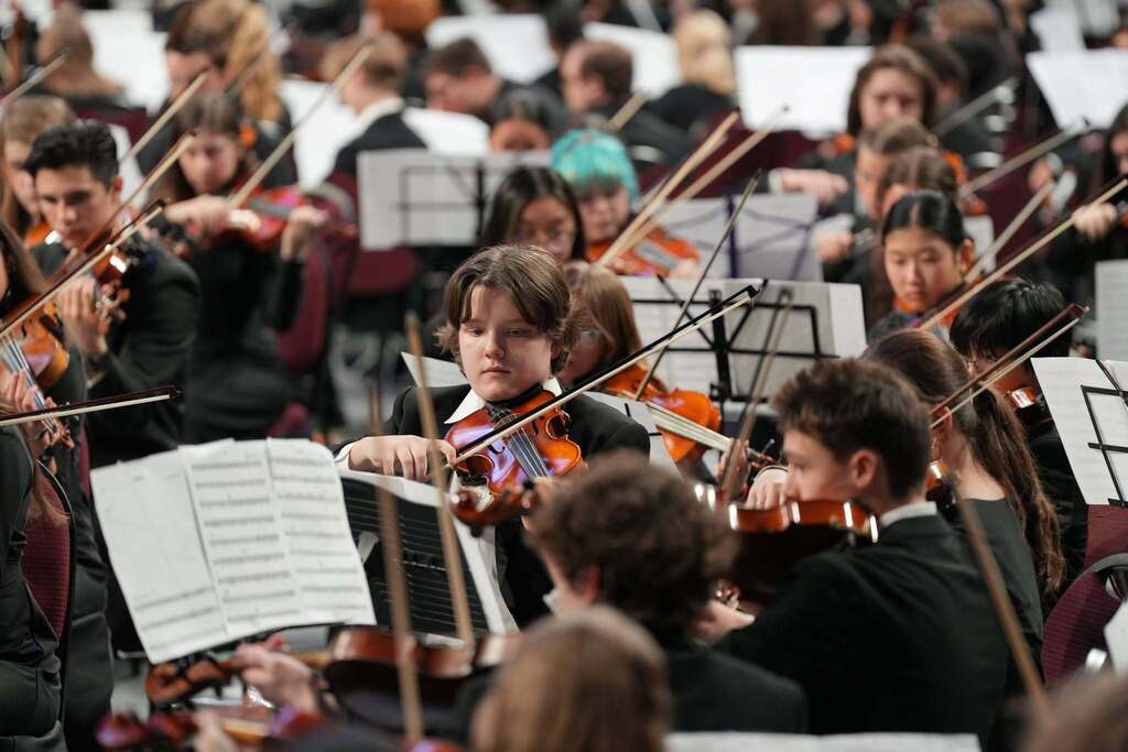 A group of musicians are playing violins. They are seated, with musical scores in front of them.