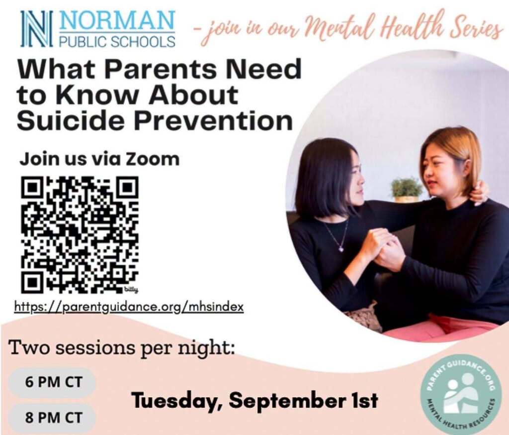 Poster for Norman Public Schools' mental health series. It reads "What Parents Need to Know About Suicide Prevention."