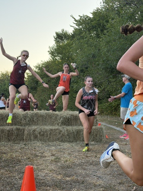 Four women jumping over hay bales during a race. Trees and people in the background.