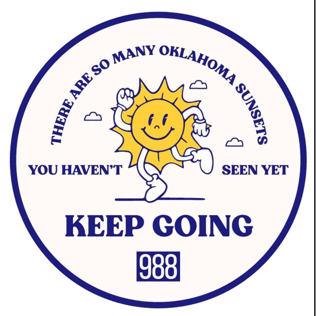 A circular logo with a smiling sun running and clouds. Text reads "There are so many Oklahoma sunsets you haven't seen yet." Below is "Keep Going 988".