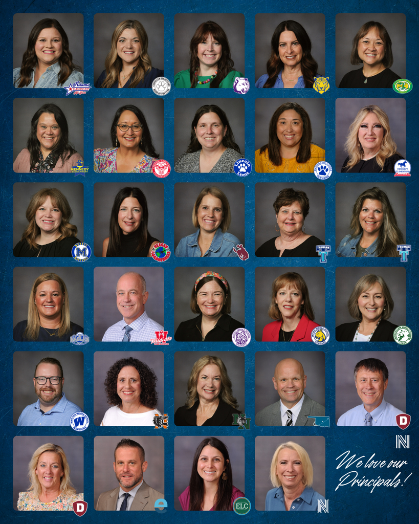 A collage of 16 school principals, arranged in rows on a navy background, each with a school badge.
