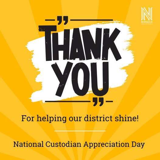 Bright yellow background with bold black letters. Text reads: "Thank You for helping our district shine! National Custodian Appreciation Day."