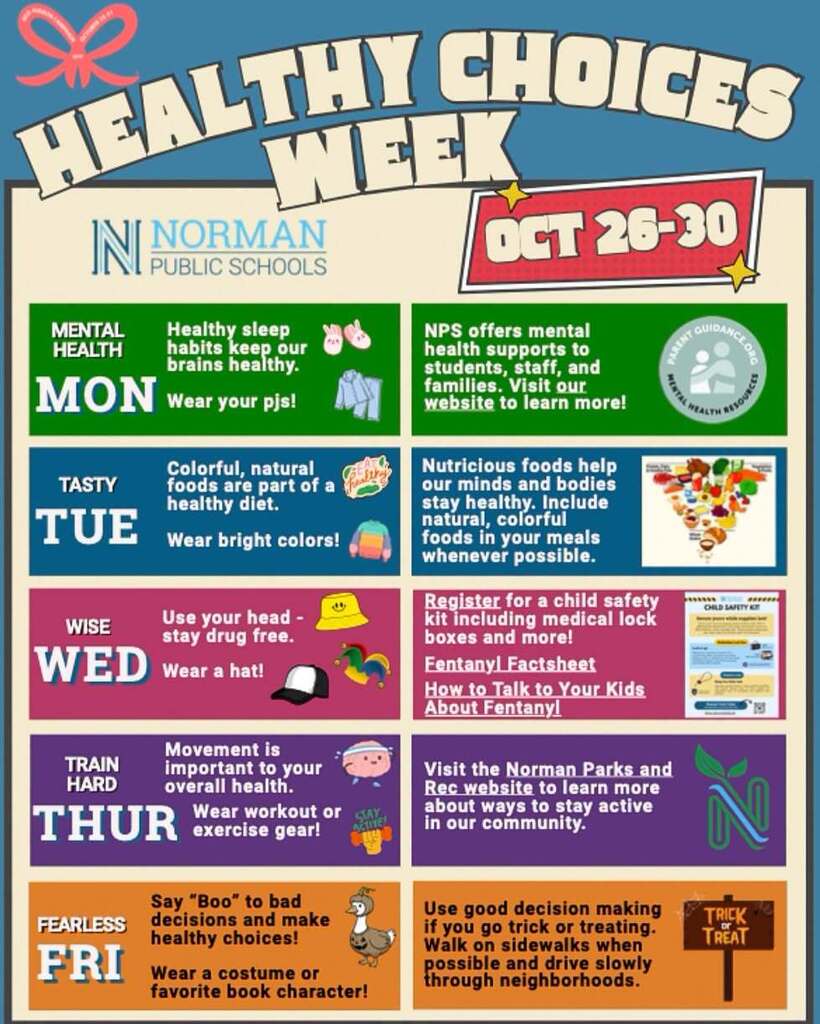 A poster with blue and green background, titled "Healthy Choices Week". A list of activities is displayed.
