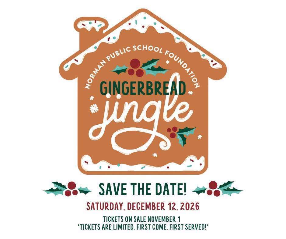 Banner for event on Dec. 12, 2026. Gingerbread house with holly leaves and "Save the Date!"