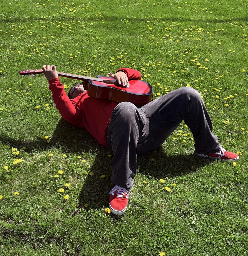 male learner in the grass playing the guitar