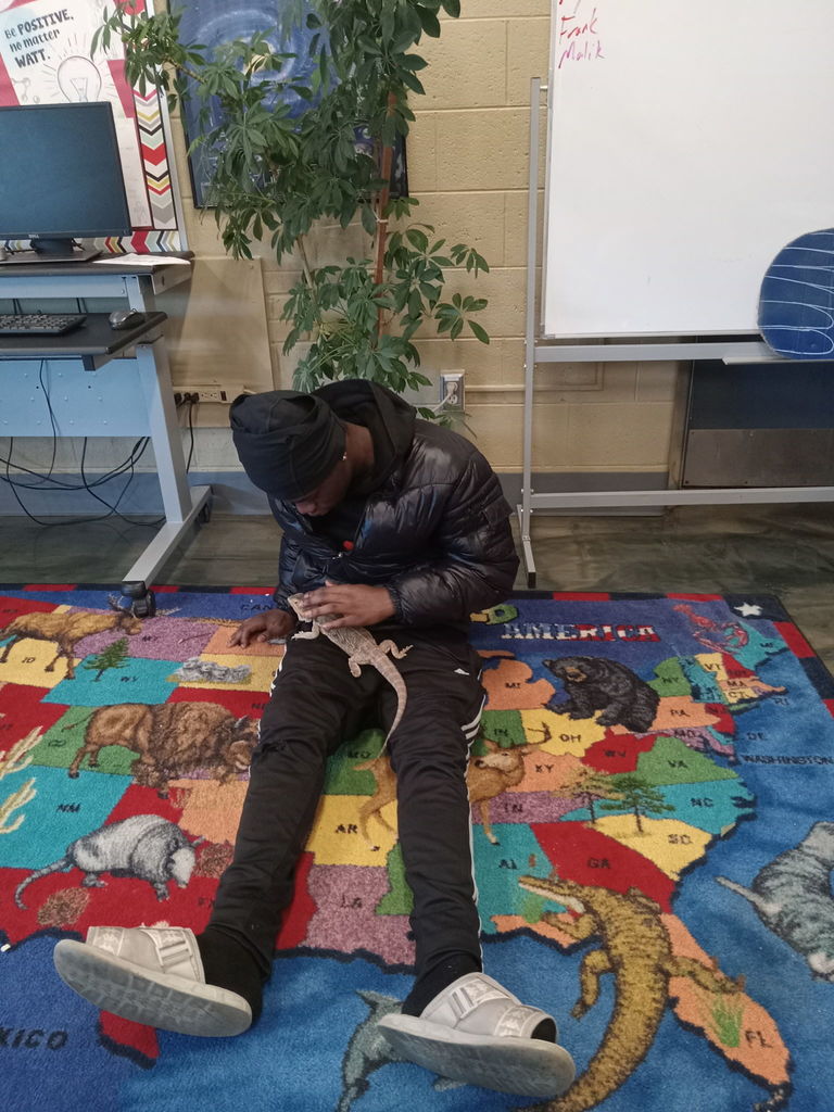 male learner holding a bearded dragon