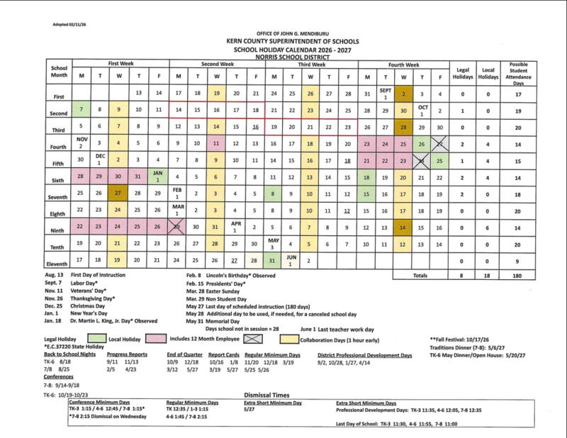 2026 and 2027 school calendar