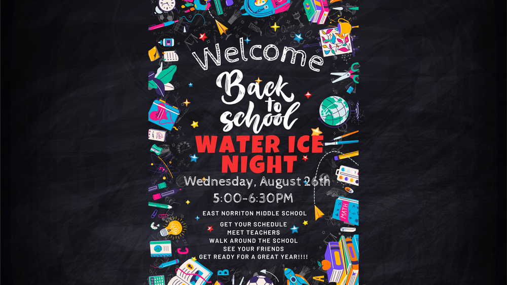 an image with a blackground with white and red lettering explaining our family back to school water ice night