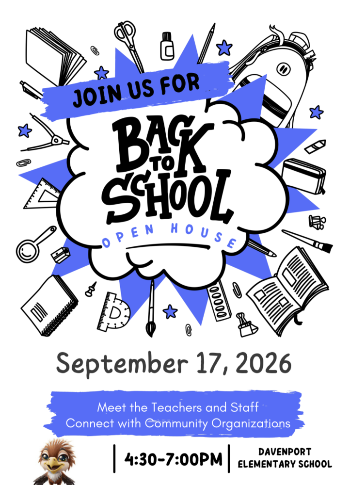 Back to school flyer with information regarding back to school night. School supplies and little eagle.