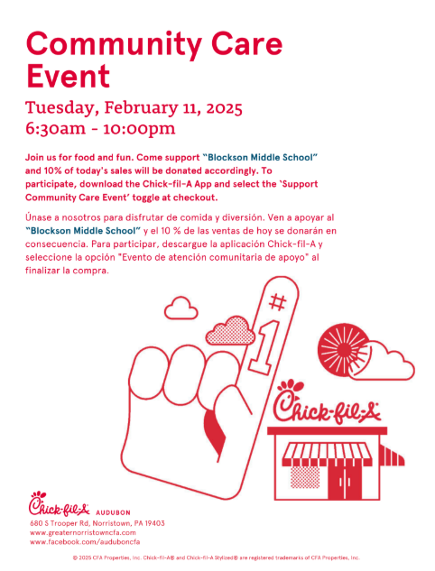 community care event, chic-fil-a, number 1 hand, red font, resturant