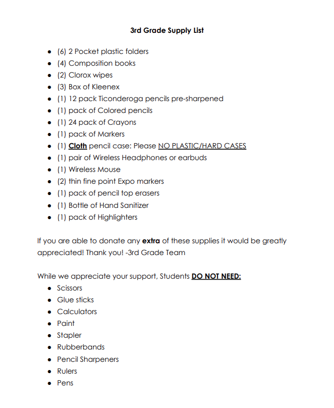 3rd grade supplies