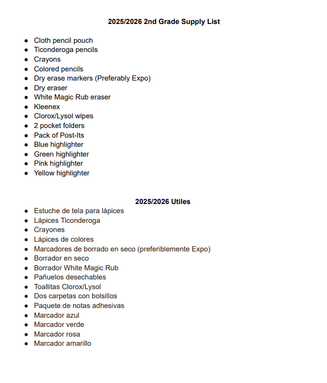 second grade supplies