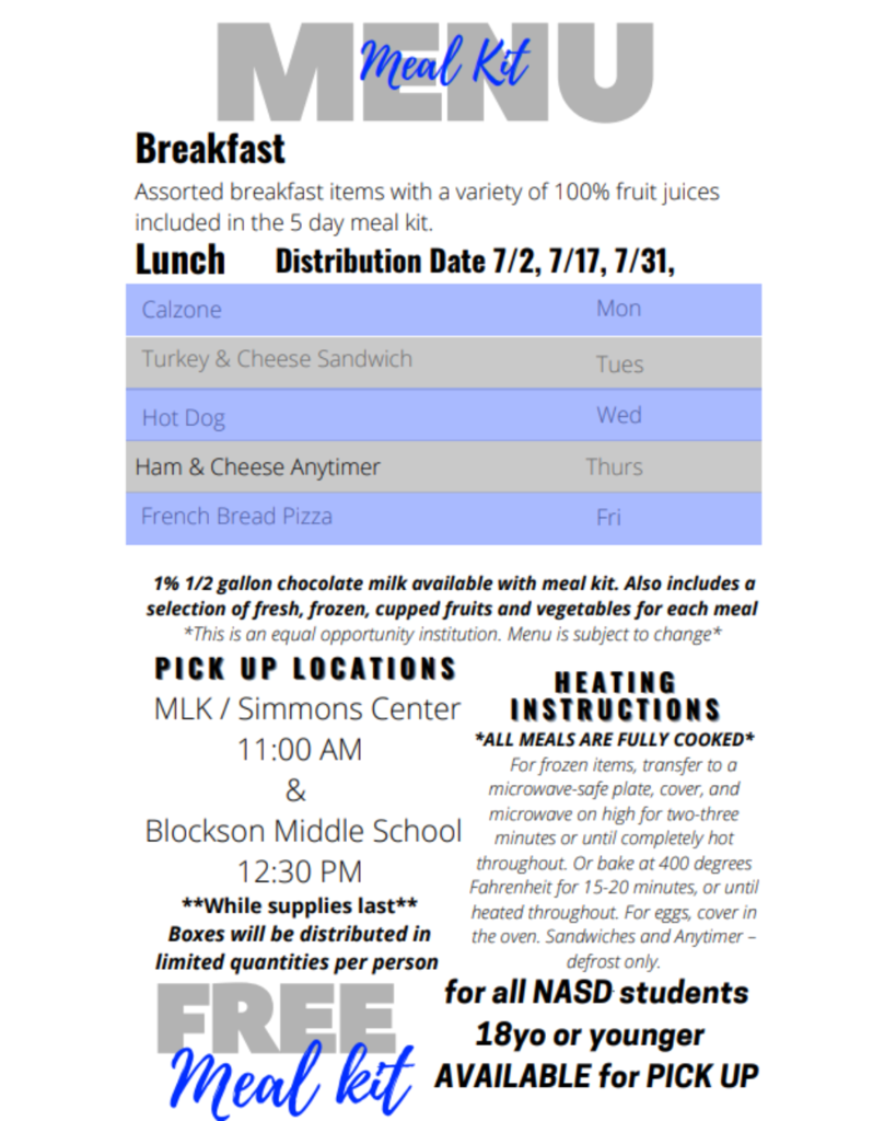 English menu for summer meal kits. It lists breakfast items and lunch options for Monday through Friday, including Ham & Cheese Sandwich, French Bread Pizza, Hot Dog, Calzone, and Turkey & Cheese Sandwich. It also mentions 1% 1/2 gallon chocolate milk and fresh, frozen, cupped fruits and vegetables. Pickup locations are MLK/Simmons Center at 11:00 AM and Blockson Middle School at 12:30 PM. Heating instructions are provided. Full details in caption.