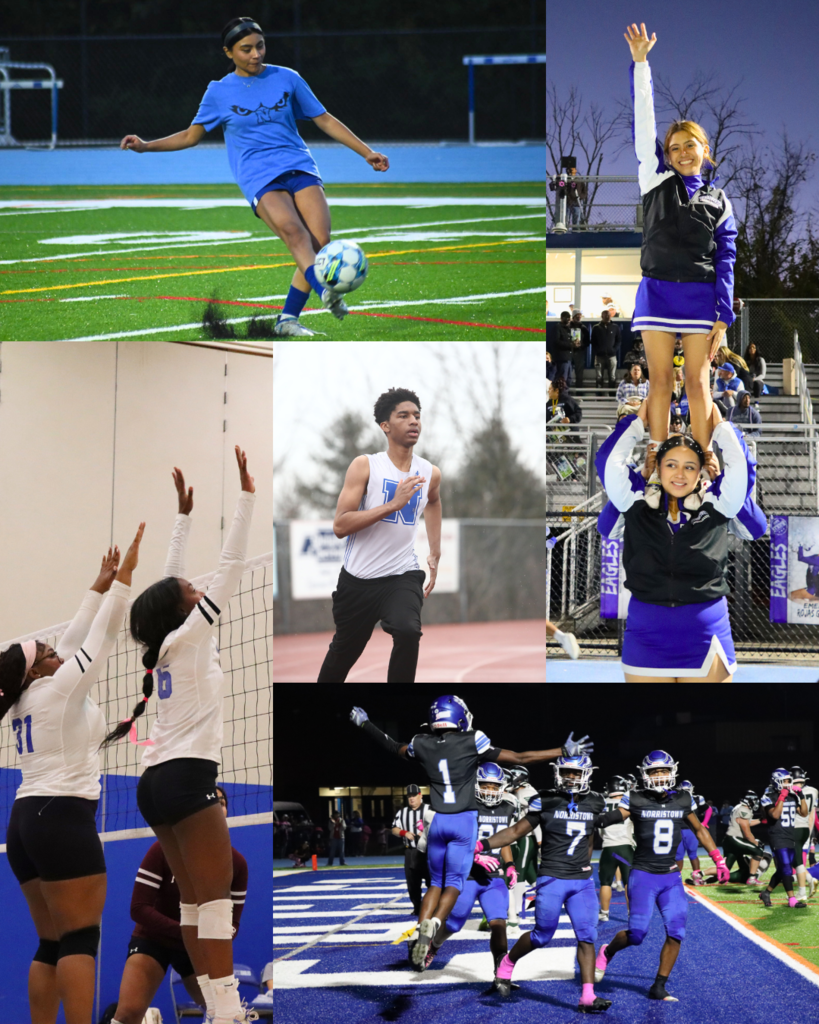 Collage of students participating in fall sports including football, volleyball, soccer, cheerleading, and cross country.