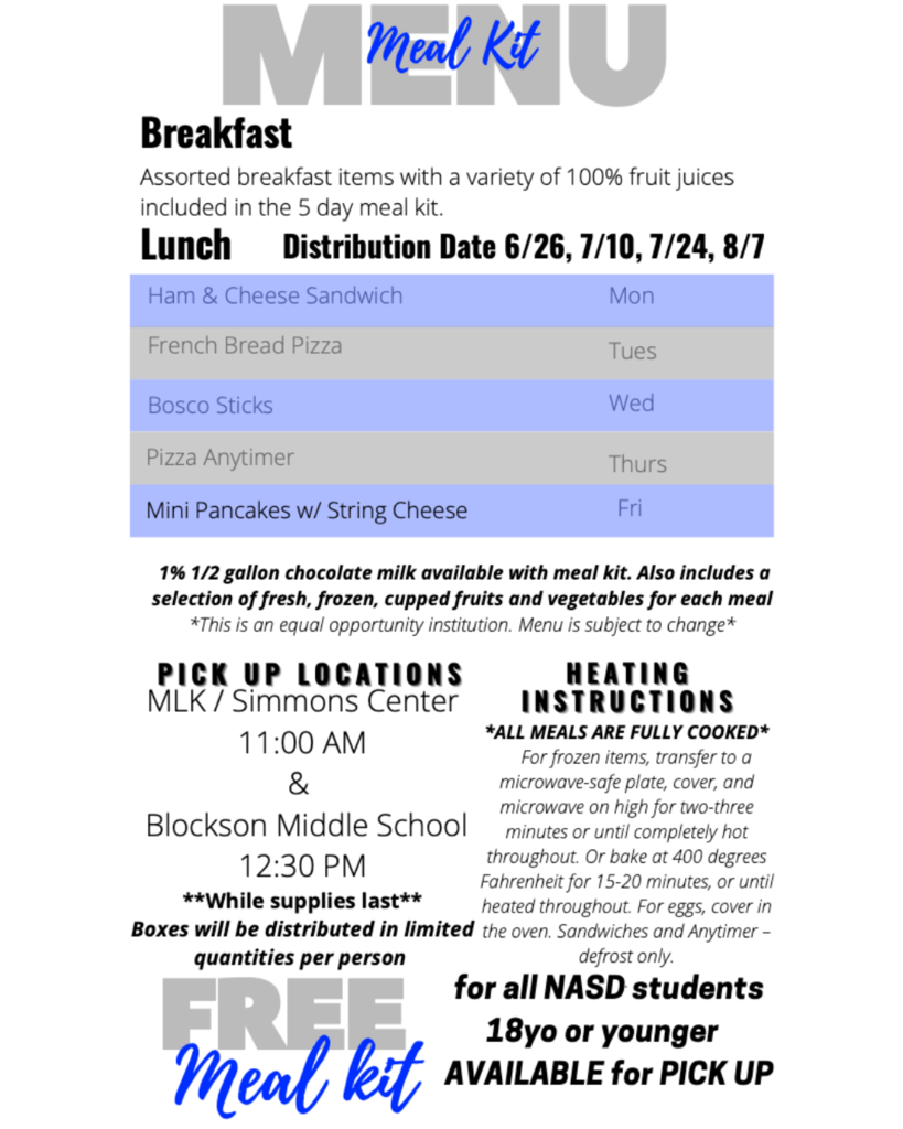 English menu for summer meal kits. It lists breakfast items and lunch options for Monday through Friday, including Ham & Cheese Sandwich, French Bread Pizza, Hot Dog, Calzone, and Turkey & Cheese Sandwich. It also mentions 1% 1/2 gallon chocolate milk and fresh, frozen, cupped fruits and vegetables. Pickup locations are MLK/Simmons Center at 11:00 AM and Blockson Middle School at 12:30 PM. Heating instructions are provided. Full details in caption.