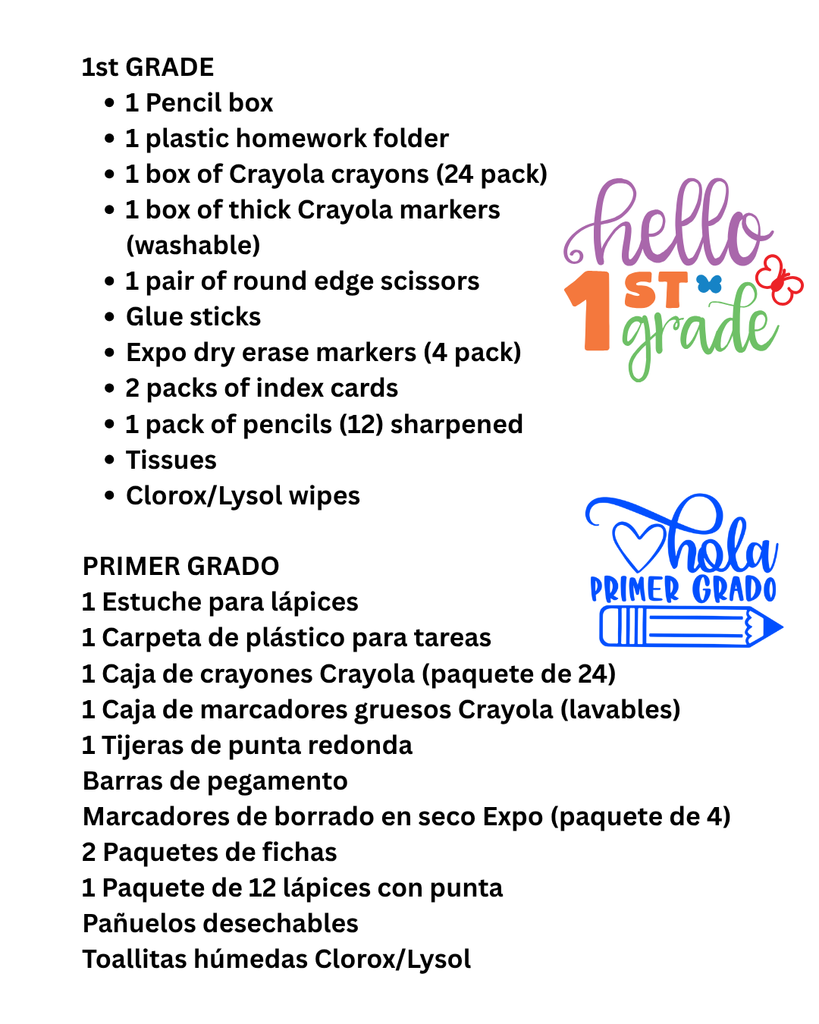1st Grade Supply List. Details in caption.