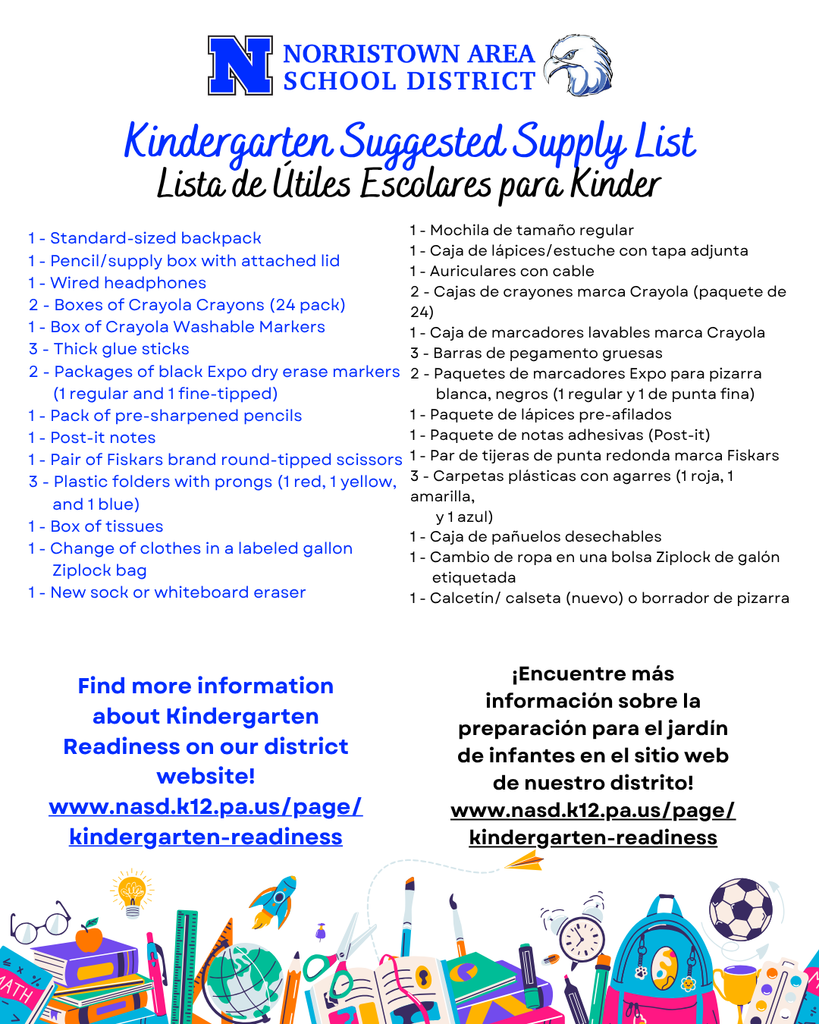 Kindergarten Supply List. Details in caption.