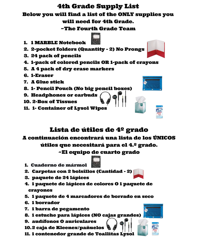 4th Grade Supply List. Details in caption.