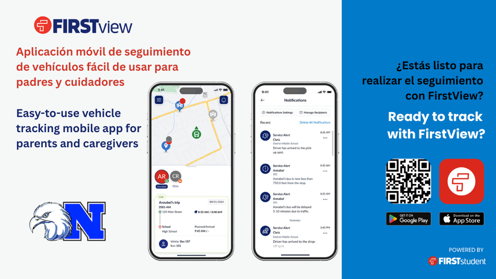 FirstView graphic with text "Easy-to-use vehicle tracking mobile app for parents and caregivers." More details in caption.