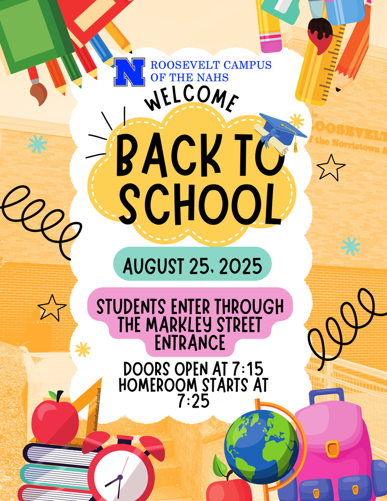 Flyer for the first day of school which informs the audience than school starts on August 15th and that the doors open at 7:15 and homeroom starts at 7:25.
