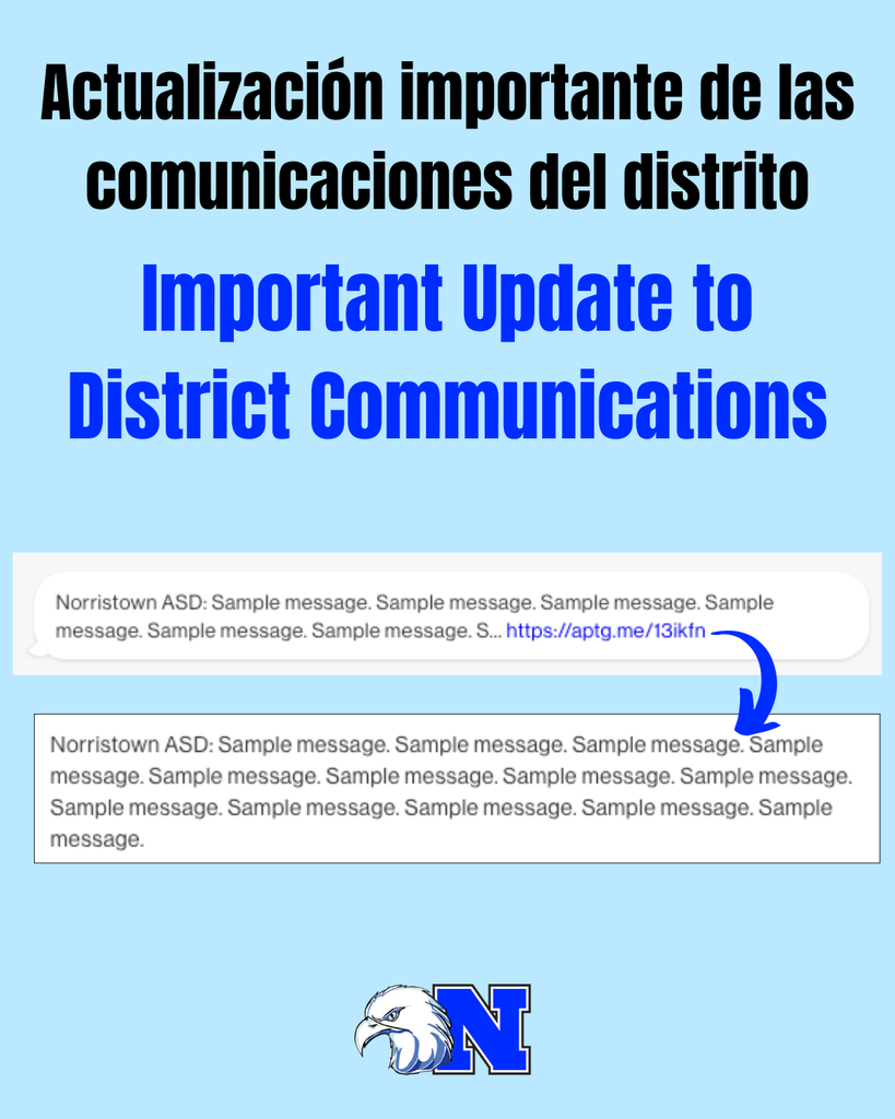 Graphic with text "Important Update to District Communications" and visuals of what the updated text messages look like. Full details in caption.