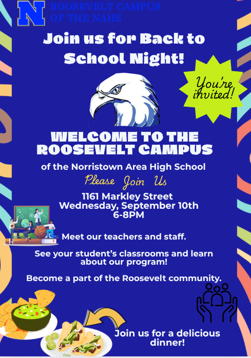 Flyer of information about the Roosevelt Back to School night, which is Wednesday September 10th from 6-8pm. The flyer is in Spanish. 