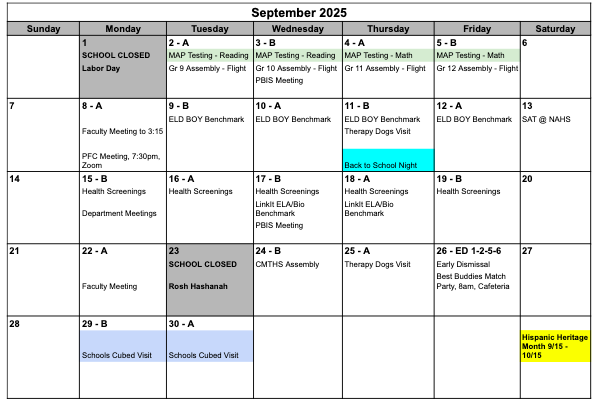 calendar of events at Norristown Area High School for September 2025. Includes dates, A/B schedule, and important information.