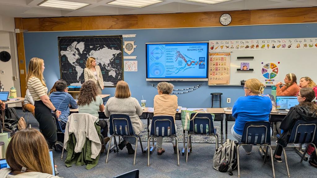 Presenter speaking in a classroom with teachers listening to presentation. 