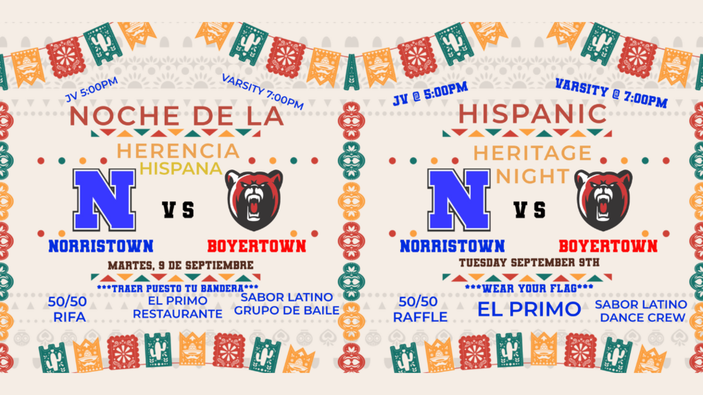 Flyer for Boys Soccer Hispanic Heritage Night. Details in caption. 
