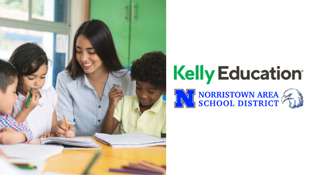 Teacher working with students, overlayed with Kelly Education and NASD logos. 