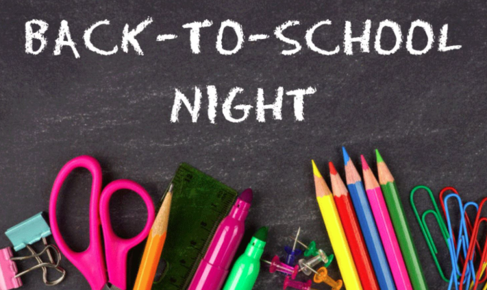 A back to school night image with school supplies.