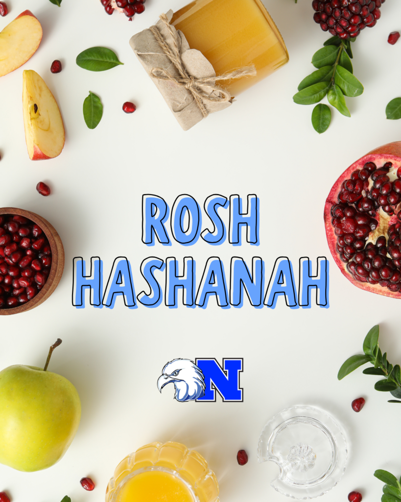 Rosh Hashanah with pomegranate, apple, and honey on a white background.