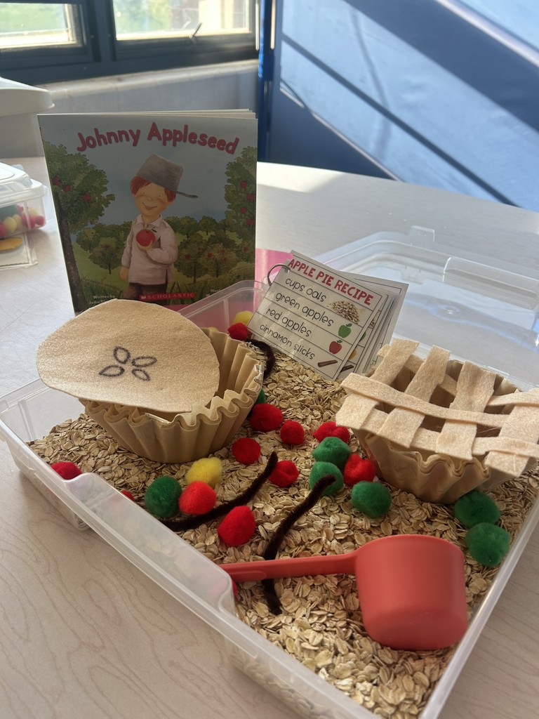 Photo of Johnny Appleseed book and an apple pie recipe.