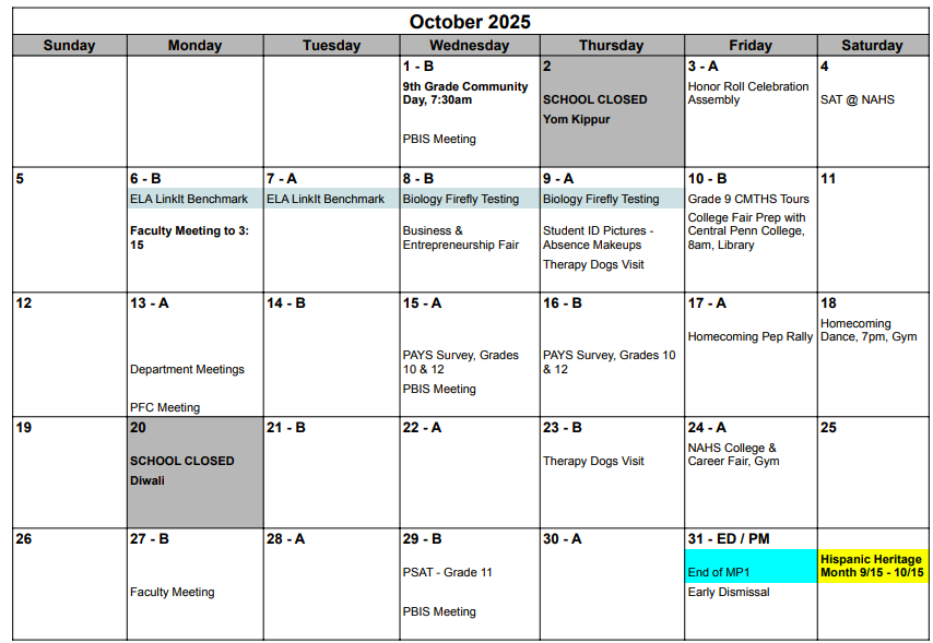 calendar of events at Norristown Area High School for October 2025. Includes dates, A/B schedule, and important information.