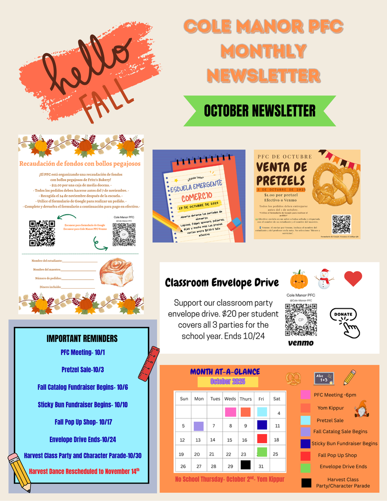 Cole Manor PFC Newsletter Flyer. See Caption for more details.