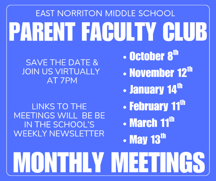 East Norriton Middle School Parent Faculty Club Monthly Meeting Flyer