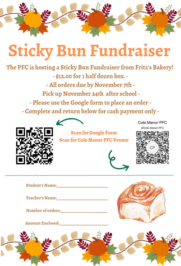 Fritz's Sticky Bun Fundraiser Flyer. See caption for details. 
