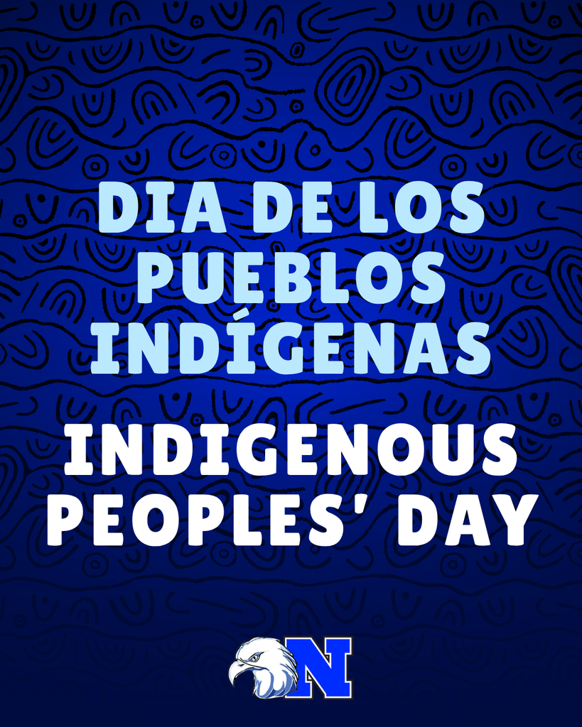 Dark blue tribal pattern background with bilingual text "Indigenous Peoples' Day" and the NASD logo.
