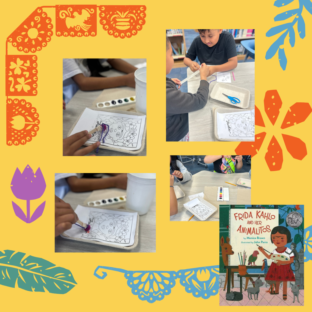 Photos of students painting a portrait of Frida Kahl.  Photo of the book "Frida Kahlo and Her Animalitos" by Monica Brown.