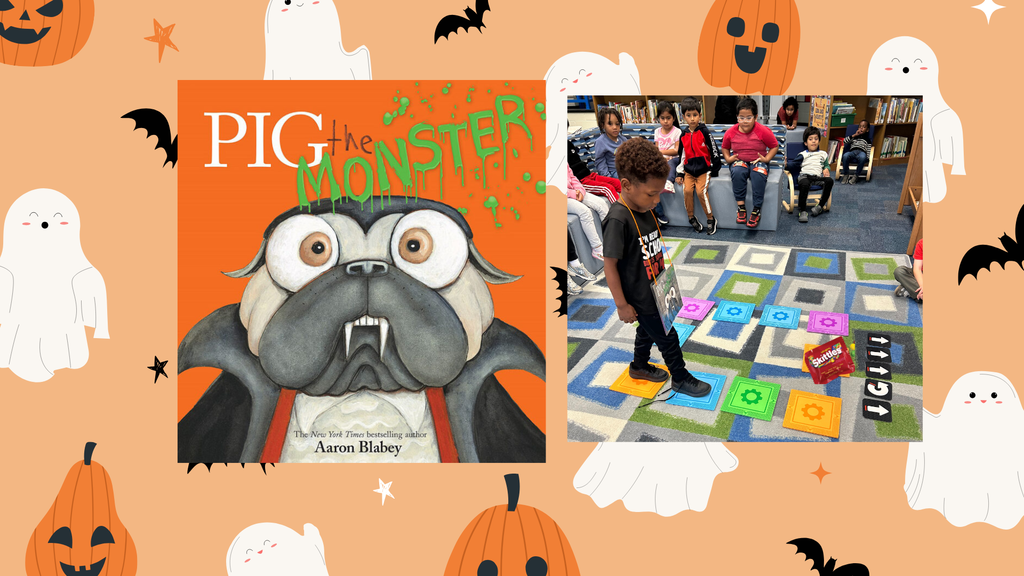 Photo of book "Pig the Monster" by Aaron Blabey.  Photo of a Kindergarten student practicing coding.