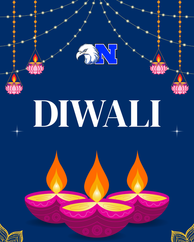 Diwali candles and decor on a dark blue background with text "Diwali" overlayed and the NASD logo.