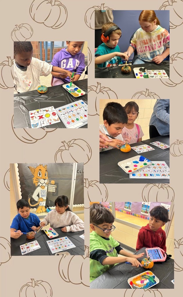 Photo Collage of students painting pumpkins.